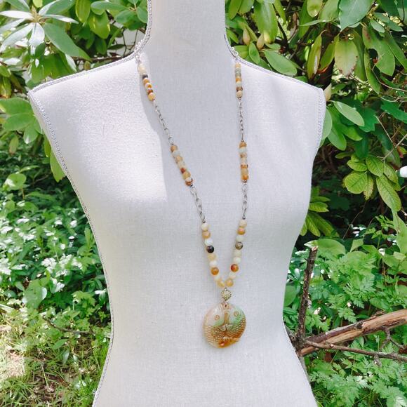 Jadeite Double Fish Pendant Necklace Earrings Set, Real Stone Beads Boho Jewelry - Picture 3 of 10